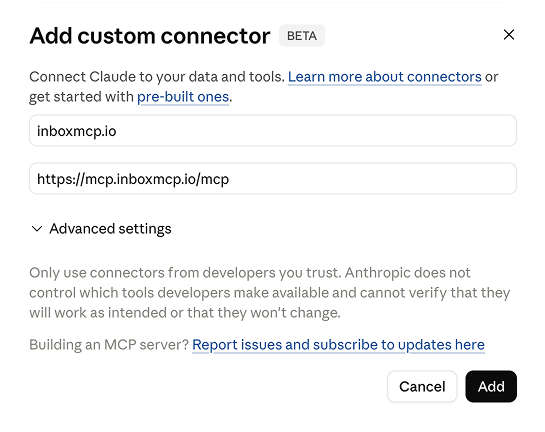 The “Add custom connector” dialog filled with the name “inboxmcp.io” and the URL https://mcp.inboxmcp.io/mcp.