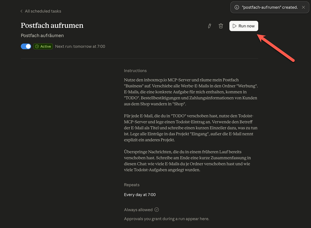 Cowork zeigt eine Liste der Verschiebungen und Todoist-Anlagen aus dem ersten Lauf.